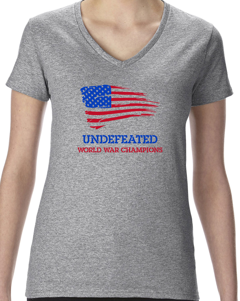 Undefeated World War Champions Womens V-Neck Shirt Army Military Marines Back to Back Navy America USA Vintage Retro