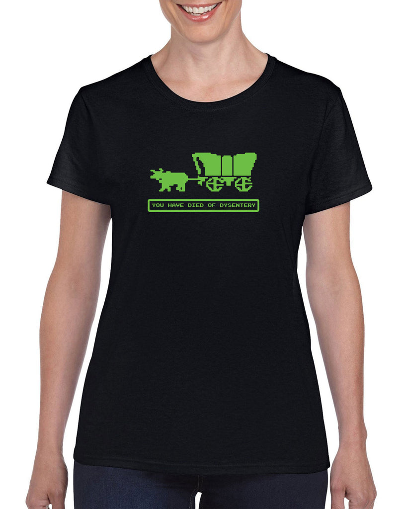 Died of Dysentery Womens T-Shirt Funny Video Computer Game Oregon Trail 80s Vintage Retro