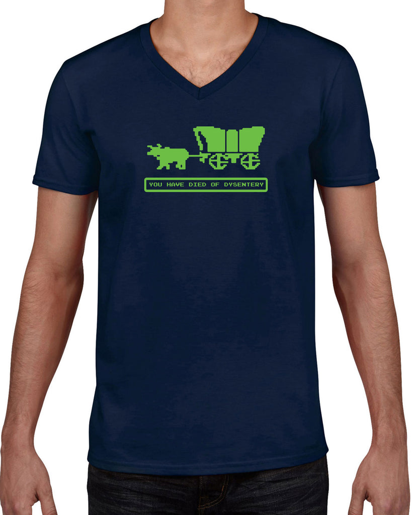 Died of Dysentery Mens V Neck Shirt Funny Video Computer Game Oregon Trail 80s Vintage Retro