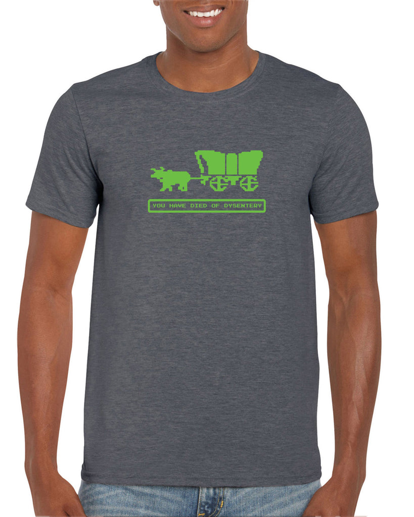 Died of Dysentery Mens T-Shirt Funny Video Computer Game Oregon Trail 80s Vintage Retro