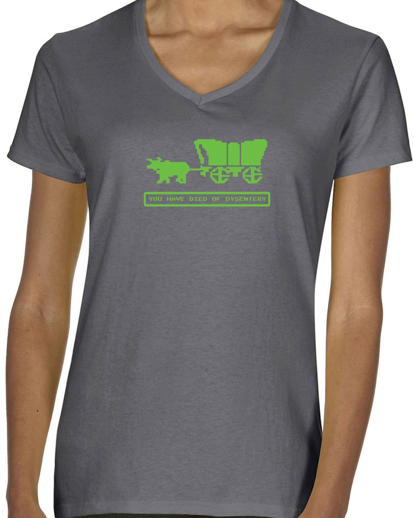 Died of Dysentery Womens V Neck Shirt Funny Video Computer Game Oregon Trail 80s Vintage Retro