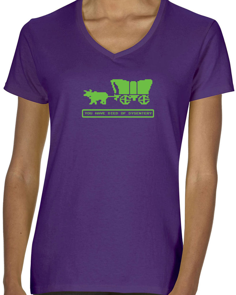 Died of Dysentery Womens V Neck Shirt Funny Video Computer Game Oregon Trail 80s Vintage Retro