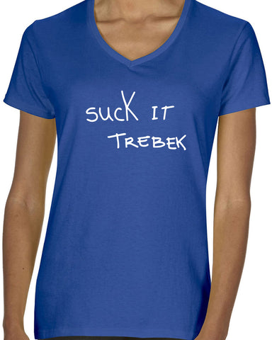 Suck It Trebek Womens V Neck Shirt Funny Gameshow Jeopardy Alex Trebek Tribute Saturday Night Live Vintage Retro