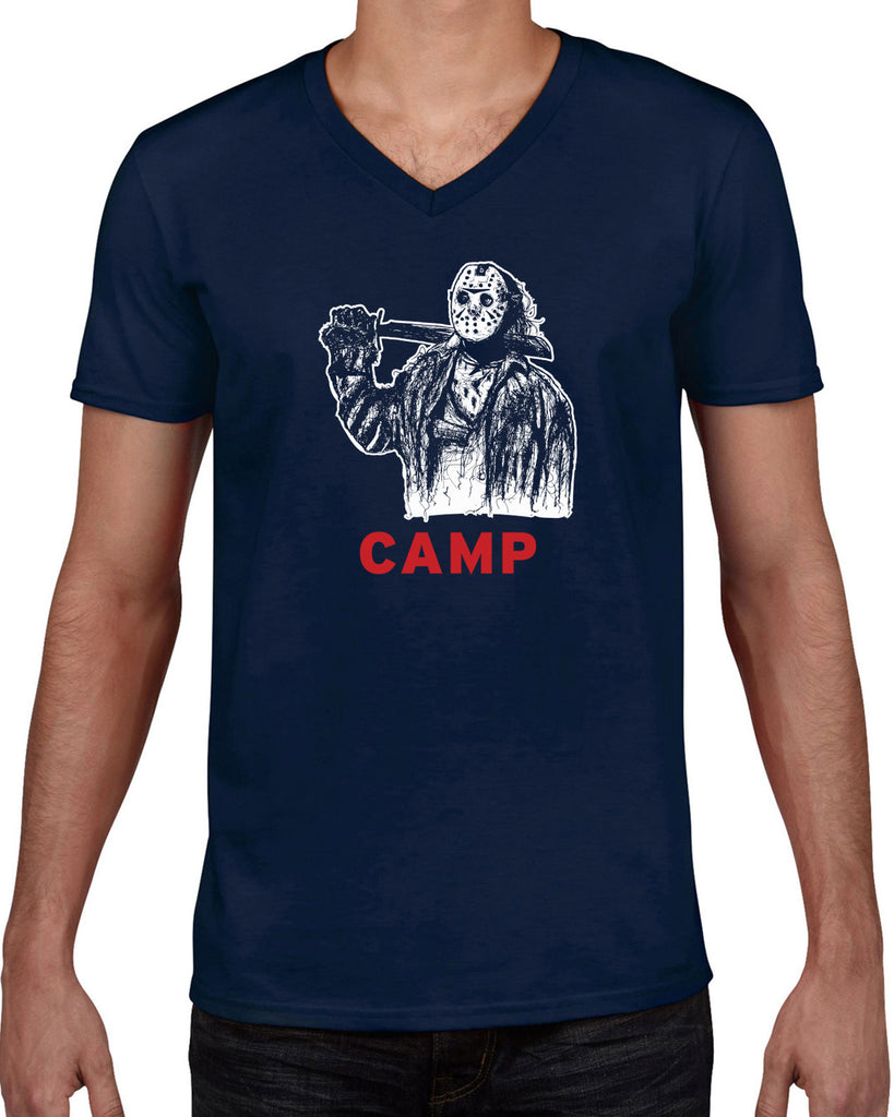 Camp V-neck Short Sleeve Shirt camp crystal lake jason voorhees scary movie horror film 80s slasher halloween costume  Edit alt text