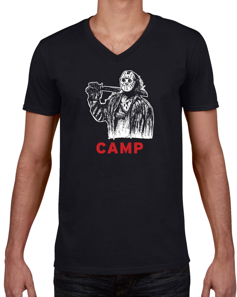 Camp V-neck Short Sleeve Shirt camp crystal lake jason voorhees scary movie horror film 80s slasher halloween costume