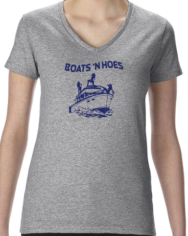 Boats N Hoes Womens V Neck Shirt Step Brothers Movie Prestige Worldwide Funny Music Party