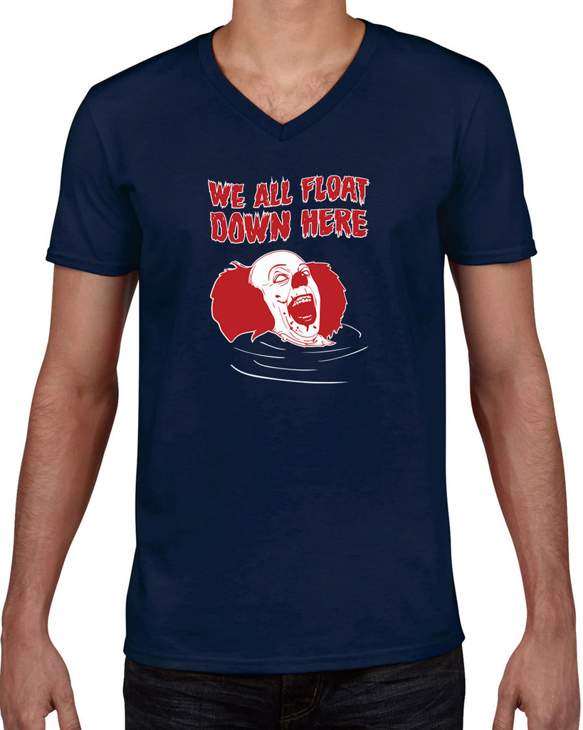 We All Float Down Here Mens V Neck Shirt scary horror movie Halloween pennywise It clown creepy Vintage Retro