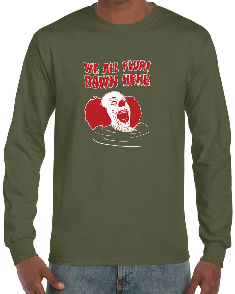 We All Float Down Here Long Sleeve Shirt scary horror movie Halloween pennywise It clown creppy Vintage Retro