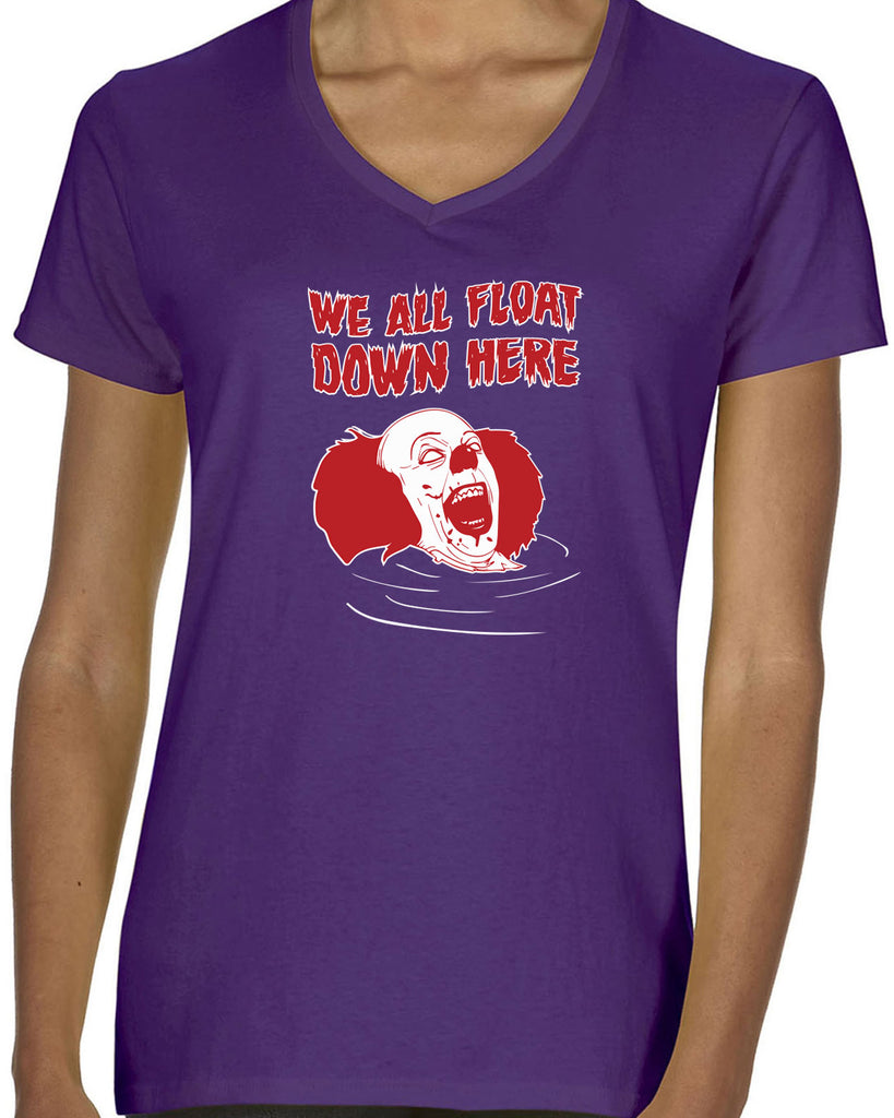 We All Float Down Here Womens V Neck Shirt scary horror movie Halloween pennywise It clown creppy Vintage Retro