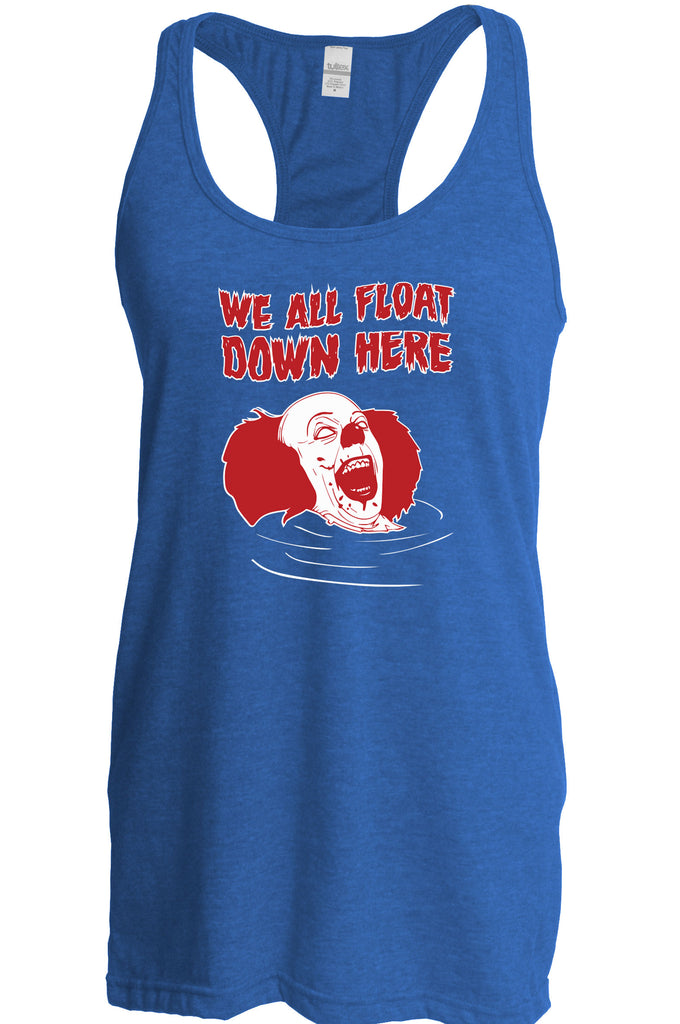 We All Float Down Here Racer Back Tank Top scary horror movie Halloween pennywise It clown creppy Vintage Retro