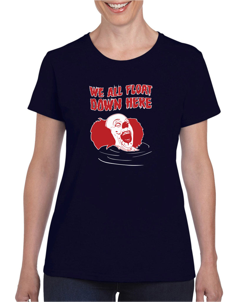 We All Float Down Here Wmens Shirt scary horror movie Halloween pennywise It clown creppy Vintage Retro