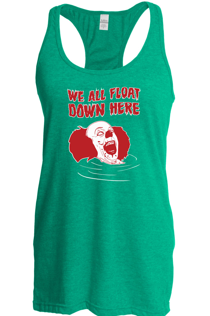 We All Float Down Here Racer Back Tank Top scary horror movie Halloween pennywise It clown creppy Vintage Retro