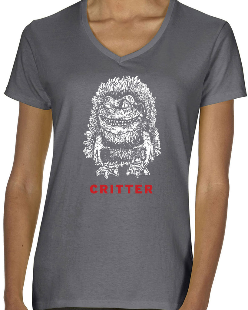 Critter V Neck Womens Shirt Critters 80s movie scary horror film party vintage retro