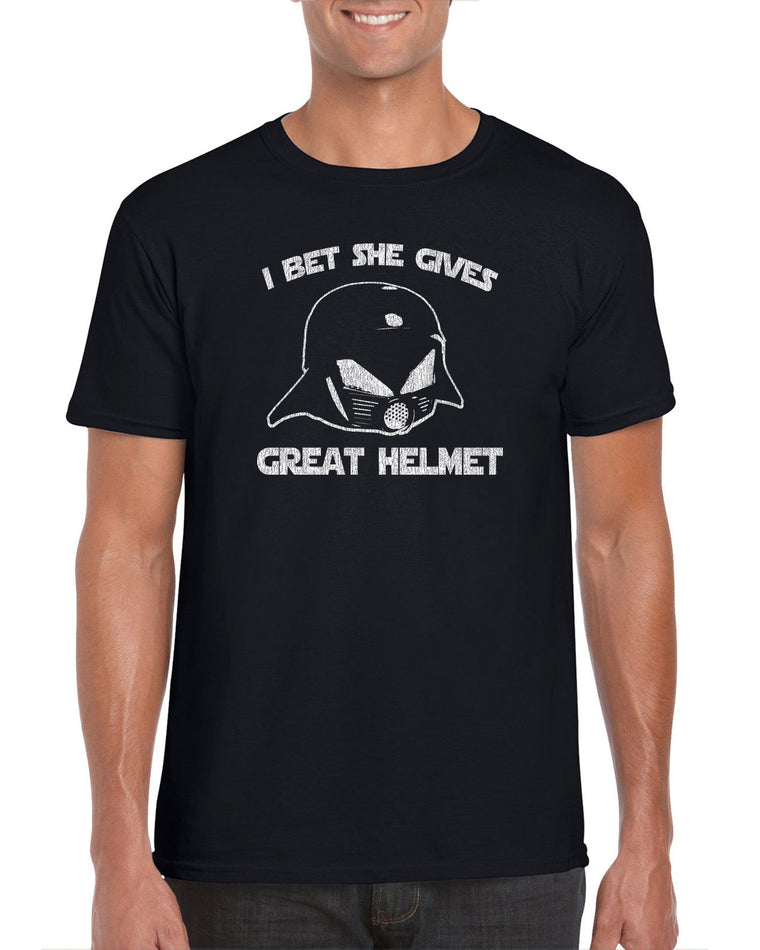 Mens Short Sleeve T-Shirt - I Bet She Gives Good Helmet