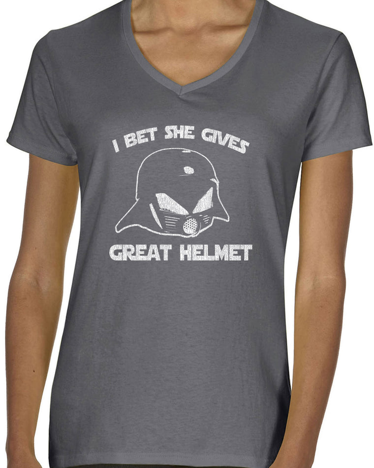 Women's Short Sleeve V-Neck T-Shirt - I Bet She Give Great Helmet