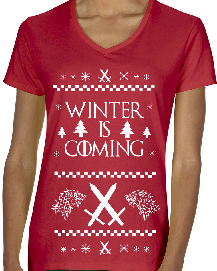 Women's V-Neck Short Sleeve T-Shirt - Winter Is Coming