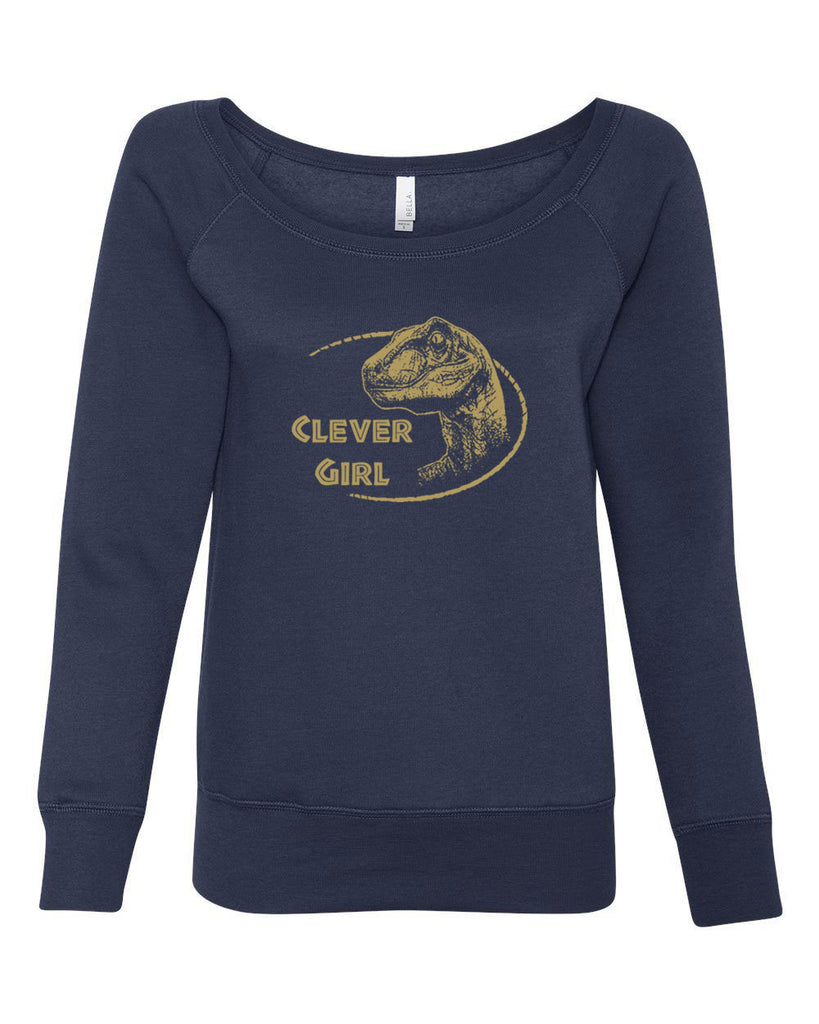 Women's Long Sleeve Off the Shoulder Shirt - Clever Girl Dinosaur Jurassic Funny Movie Long Sleeve 90s Movie Graphic Vintage Pop Culture Funny Present Gift