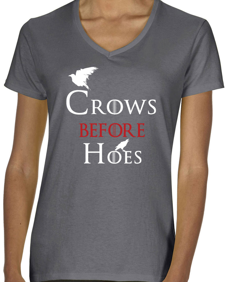 Women's Short Sleeve V-Neck T-Shirt - Crows Before Hoes