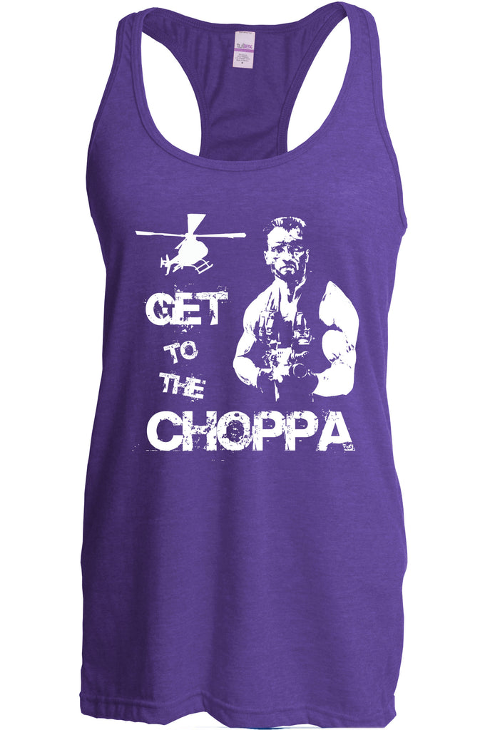 Hot Press Apparel Womens Racerback Tank Top Get to the Choppa predator 80s movie arnold schwarzenegger action adventure alien da choppa chopper helicopter military