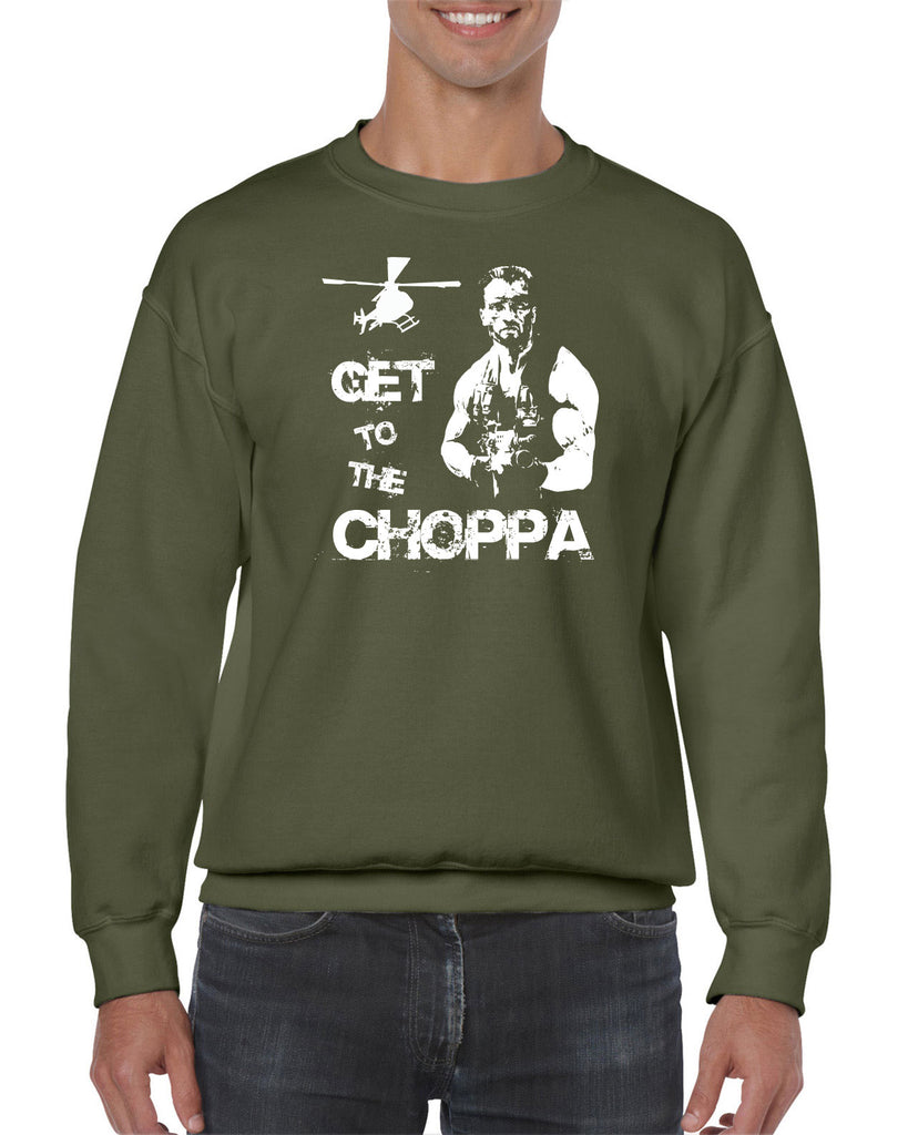 Hot Press Apparel Crew Sweatshirt Get to the Choppa predator 80s movie arnold schwarzenegger action adventure alien da choppa chopper helicopter military