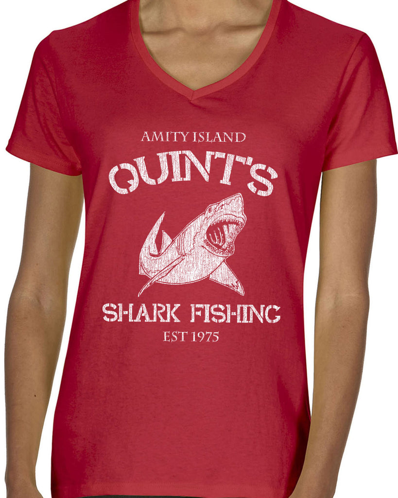 Hot Press Apparel Womens V Neck shirt comfy Quint's Shark fishing great white Jaws 70s movie scary Amity Island ocean beach vacation costume