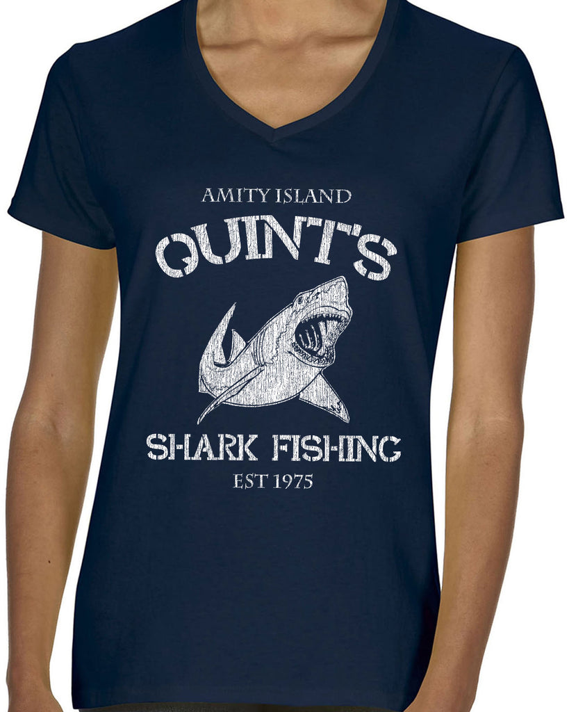 Hot Press Apparel Womens V Neck womens shirt comfy Quint's Shark fishing great white Jaws 70s movie scary Amity Island ocean beach vacation costume