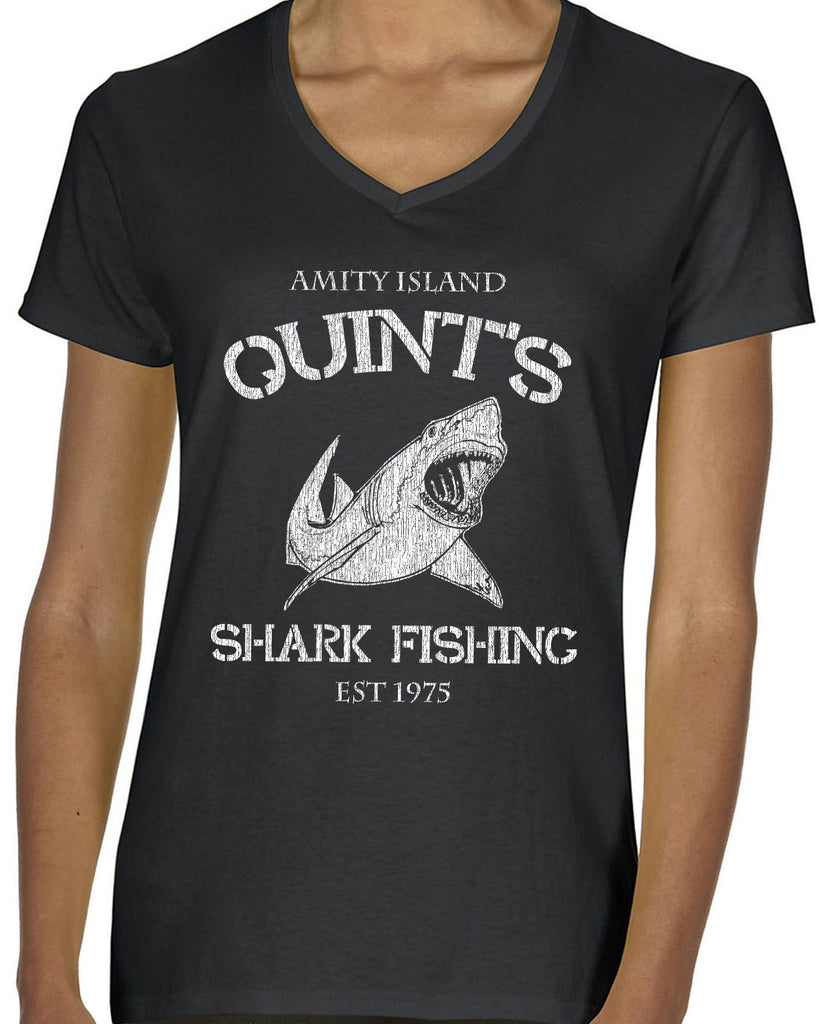 Hot Press Apparel Womens V Neck womens shirt comfy Quint's Shark fishing great white Jaws 70s movie scary Amity Island ocean beach vacation costume