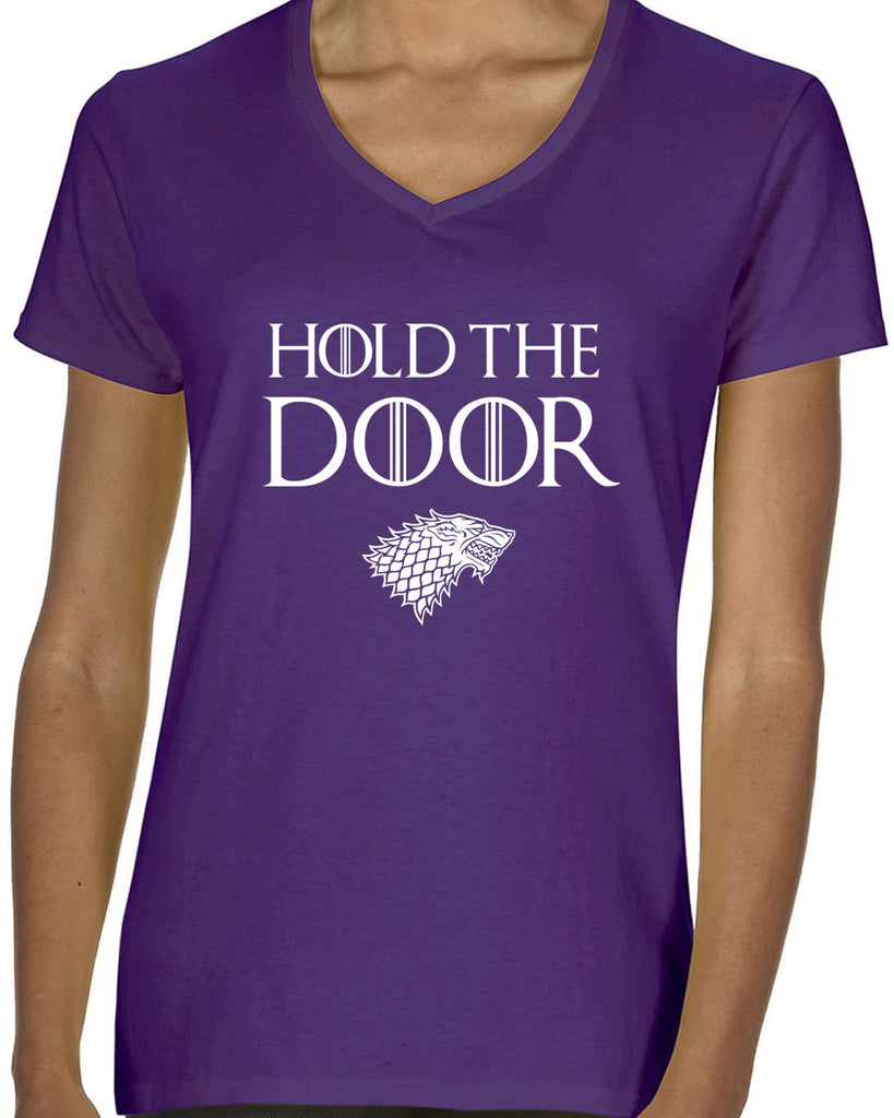 Hold the Door Womens V-neck Shirt funny Hodor game of thrones winterfell winter is coming north wall kings landing tribute