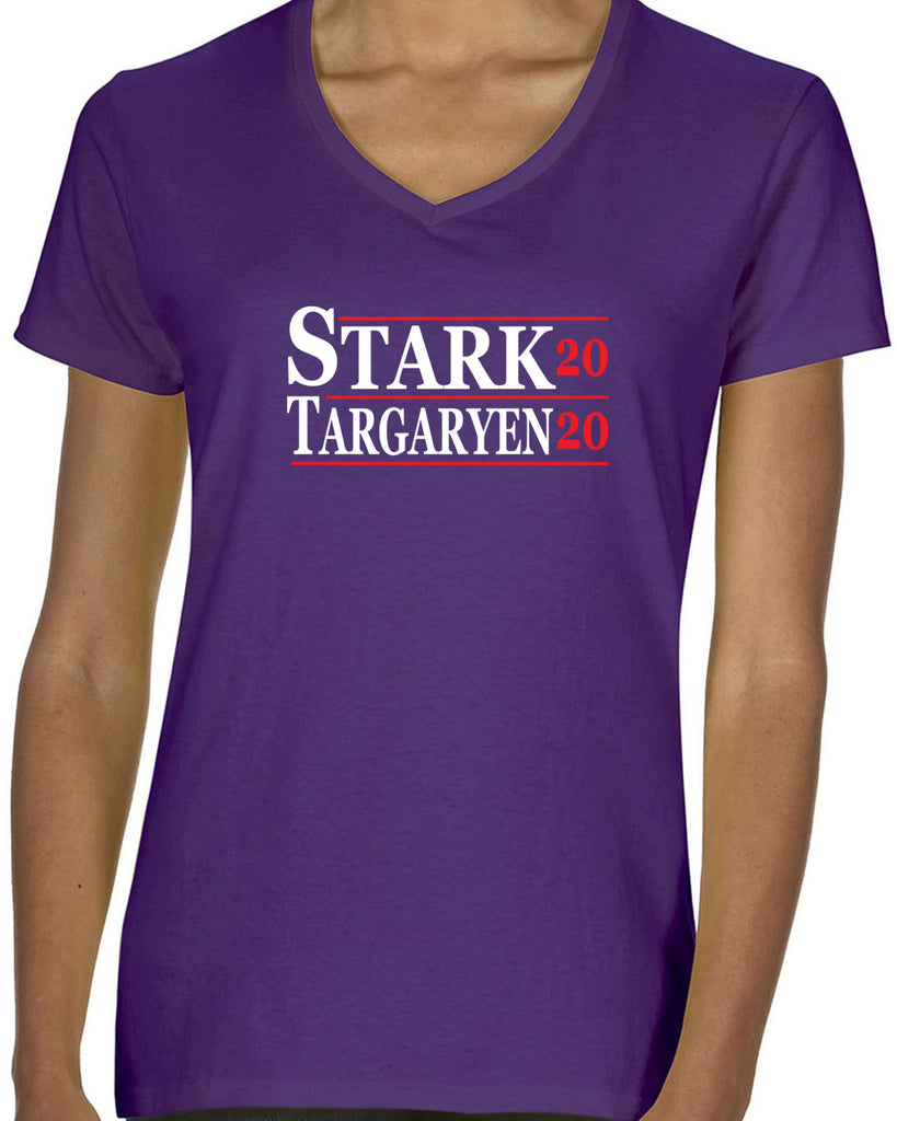 Stark Targaryen 2020 Womens V-neck Shirt game of thrones dragons dire wolf tv show kings landing winterfell president campaign