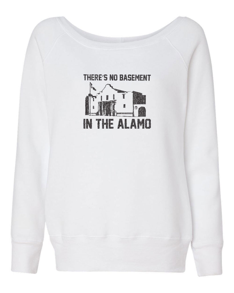 Theres no basement in the alamo Womens Off the Shoulder Crew Sweatshirt funny 80s movie pee wees big adventure texas history vintage retro