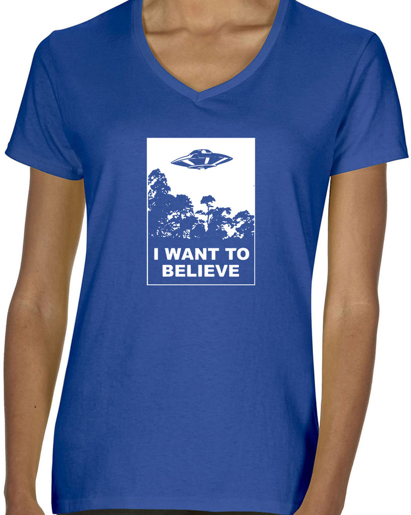 I want to believe Womens V-neck T-shirt alien ufo tv show scary vintage retro flying saucer files