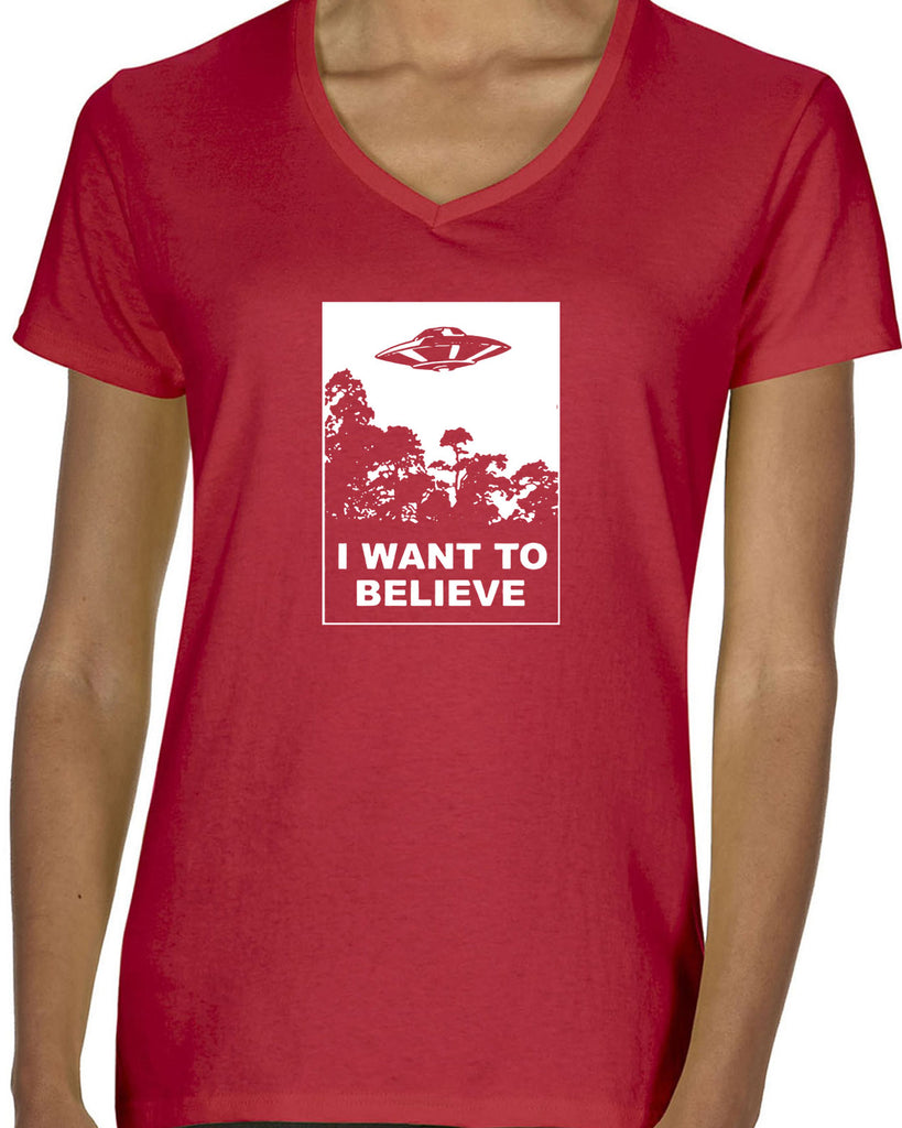 I want to believe Womens V-neck T-shirt alien ufo tv show scary vintage retro flying saucer files