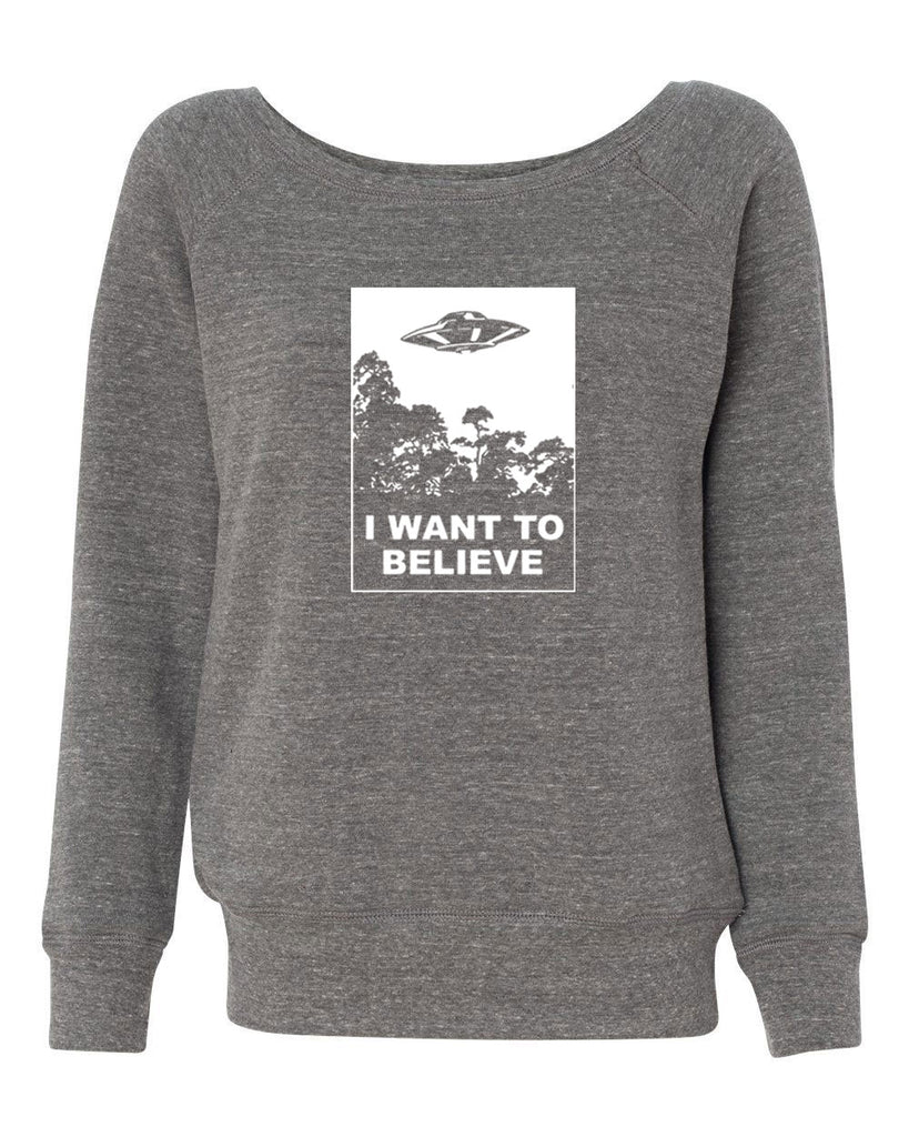I want to believe Womens Off the Shoulder Crew Sweatshirt alien ufo tv show scary vintage retro flying saucer files